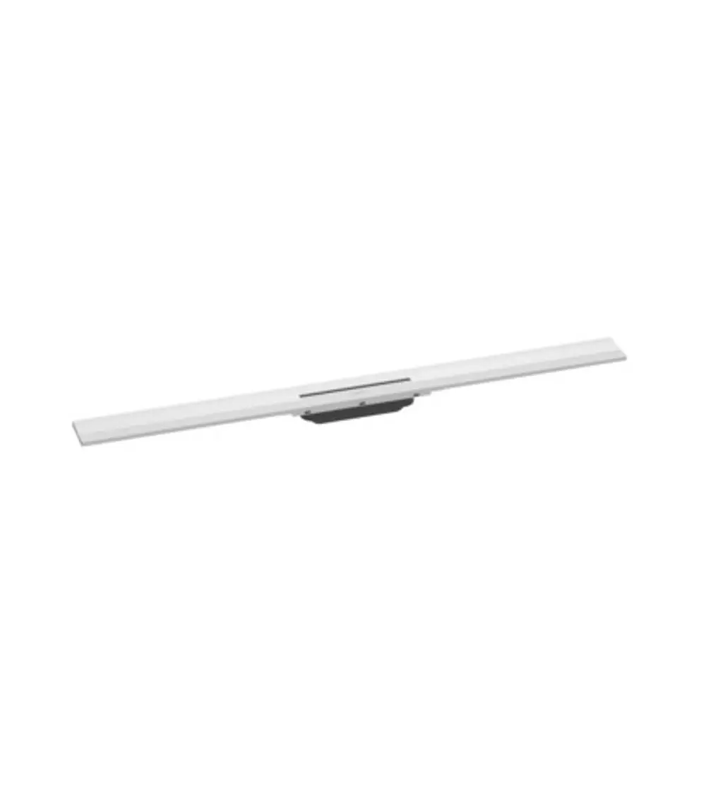 Duschrinne in Mattweiß von Hansgrohe, flach und lang, mit einem zentralen Abfluss und abnehmbarem Gitter für die Wandmontage.